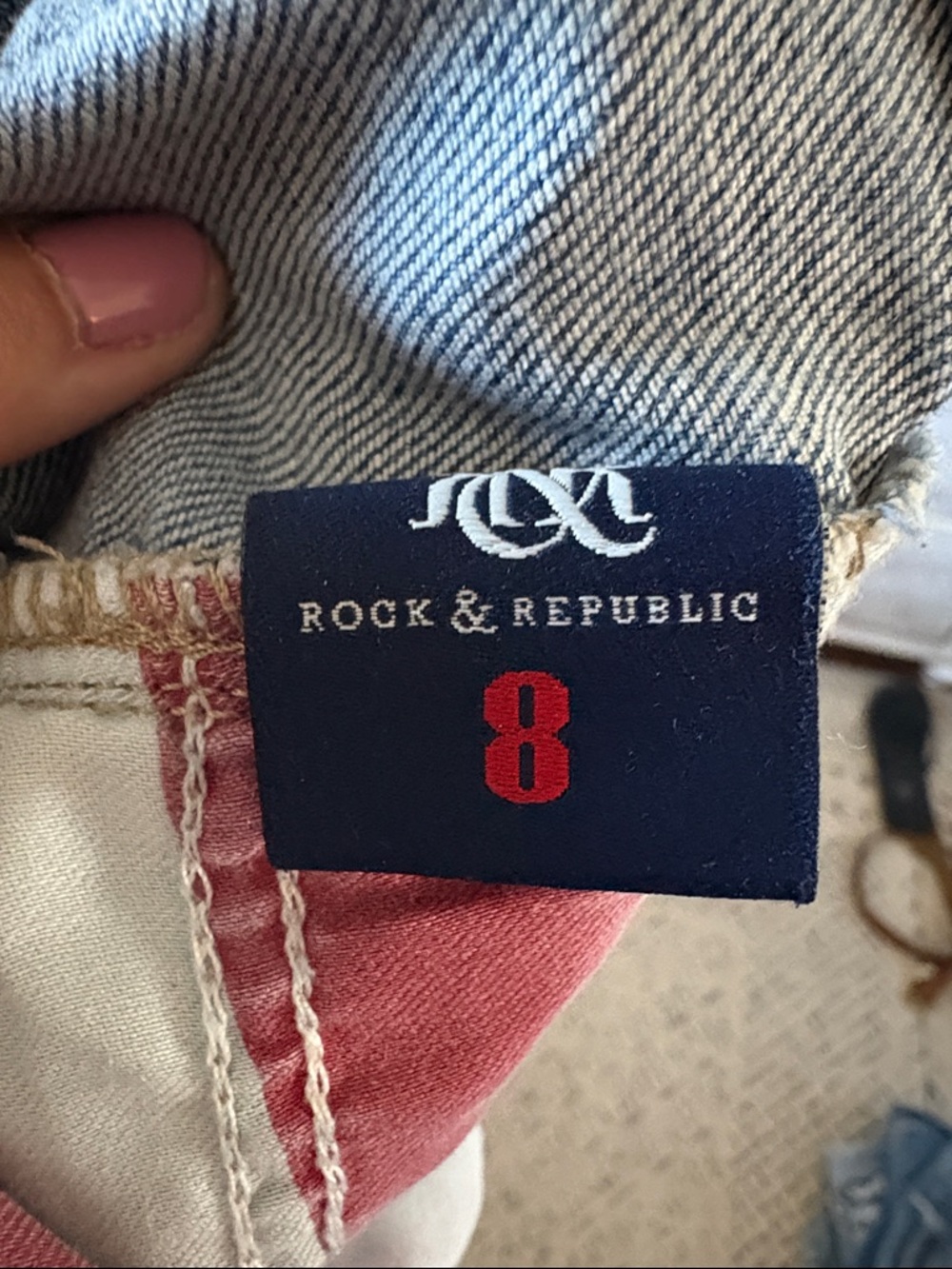 Distressed Blue Denim Cutoff Shorts with Flag Underlay - Picture 4 of 4
